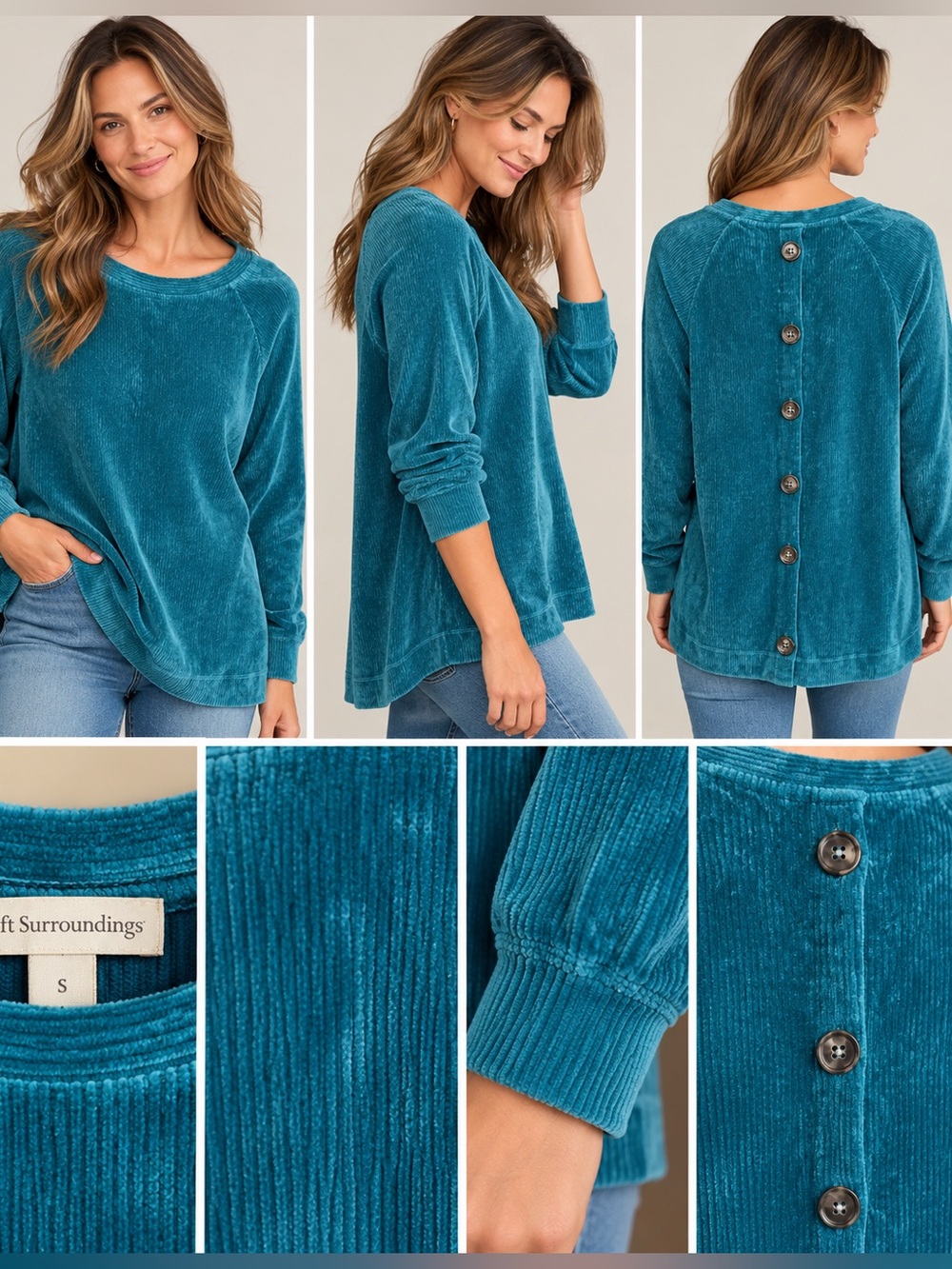 Soft Surroundings Teal Chenille Corduroy Button Back Pullover Top Size Small